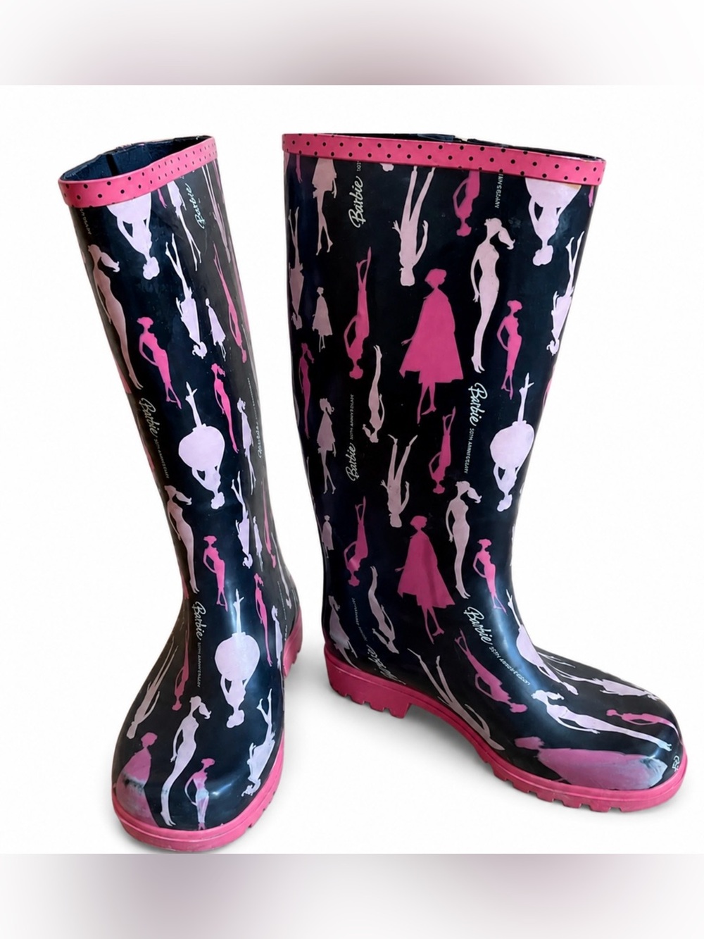 Barbie 50th Anniversary Silhouette Rain Boots Black Pink Size 6